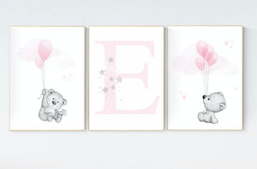 Nursery decor girl, nursery decor bear, bear nursery print, teddy bear, pink grey nursery, nursery wall art animals, girl room decor