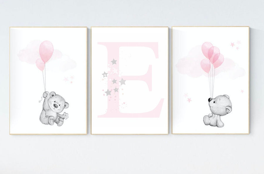 Nursery decor girl, nursery decor bear, bear nursery print, teddy bear, pink grey nursery, nursery wall art animals, girl room decor