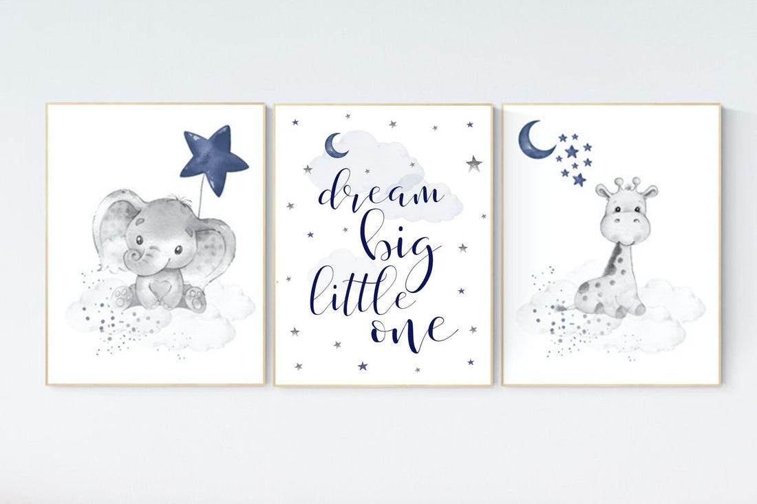Nursery decor elephant and giraffe, animal nursery prints, navy nursery, navy blue nursery, baby room wall art, woodland animal prints