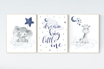 Nursery decor elephant and giraffe, animal nursery prints, navy nursery, navy blue nursery, baby room wall art, woodland animal prints