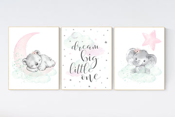 Nursery decor girl pink mint, Nursery wall art girl elephant, pink and mint, moon, stars, nursery prints, baby room decor, girl nursery
