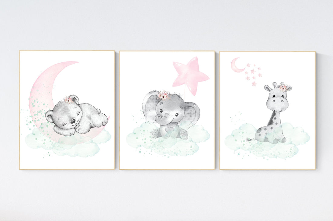 Nursery decor girl pink mint, Nursery wall art girl elephant, pink and mint, moon, stars, nursery prints, baby room decor, girl nursery
