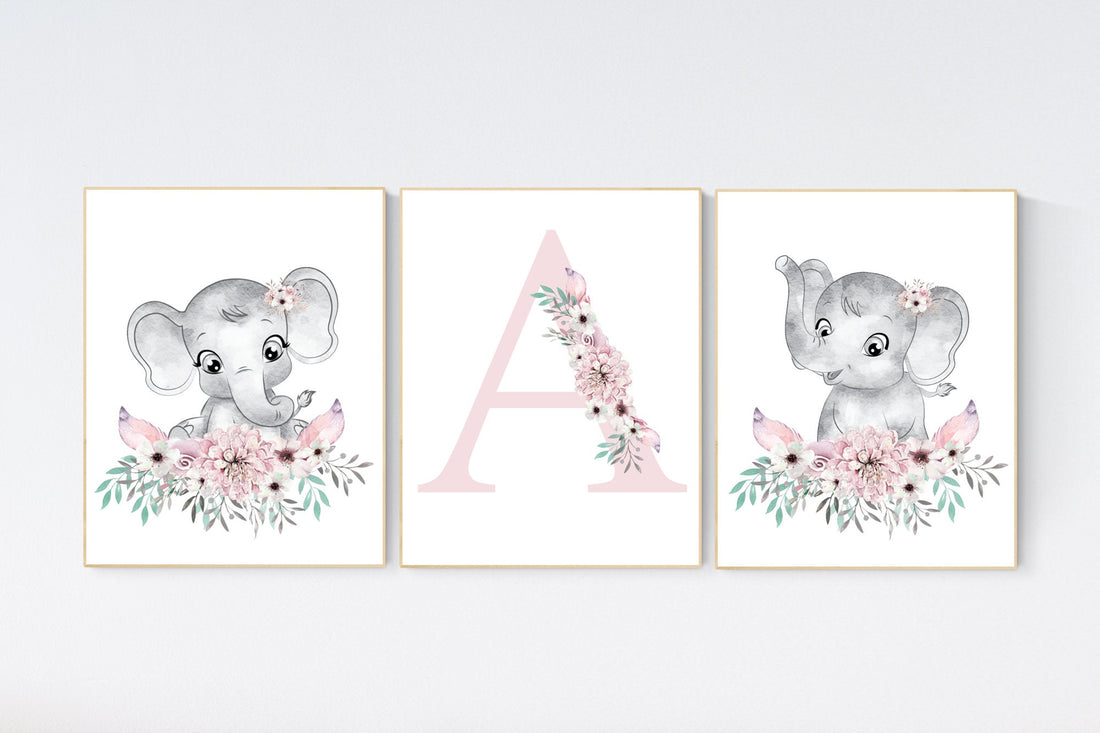 Nursery decor girl elephant, nursery decor girl flower, nursery decor girl floral, Boho baby room, pink teal nursery decor, flower baby room