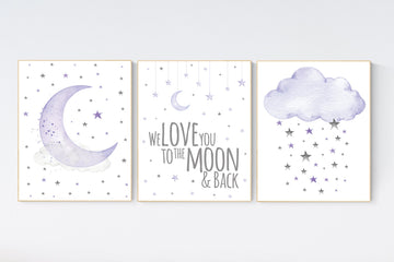 Nursery decor girl lavender and gray, Nursery decor girl purple, lilac nursery, we love you to the moon and back, purple nursery, cloud