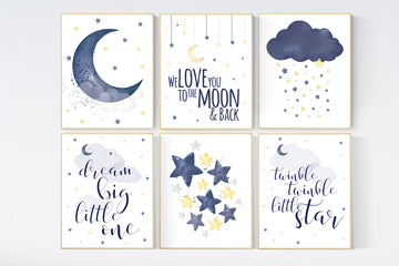 Navy yellow, nursery wall art, Nursery decor, set of 6, yellow and navy blue, moon and stars nursery, baby room wall art, nursery prints