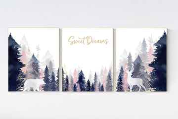 Nursery decor woodland, mountain wall art, tree nursery decor, adventure theme nursery, forest, navy, blush, gold woodland animals, forest