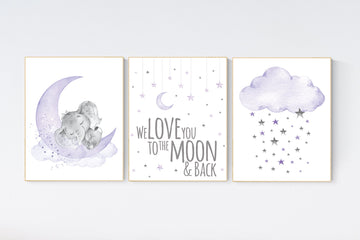 Nursery wall art elephant, Nursery prints girl, purple nursery, lavender, lilac nursery, moon and stars, girl baby room art, nursery set