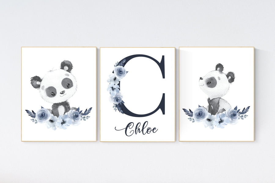 Panda nursery, navy nursery wall art,  Boho baby room, nursery wall art panda, animal prints, name nursery, nursery decor girl floral, navy