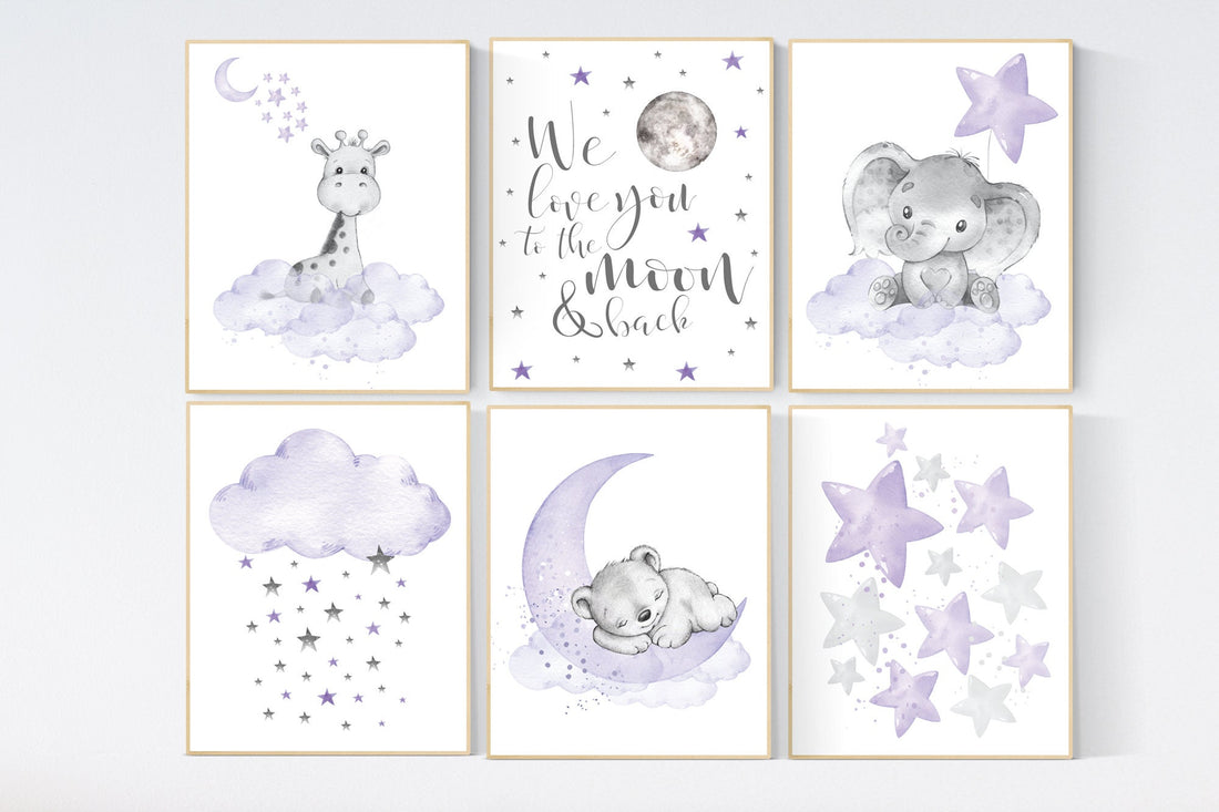 Nursery decor girl purple, girl nursery wall art, elephant, giraffe, bear, nursery prints animals, baby room decor, lavender, lilac