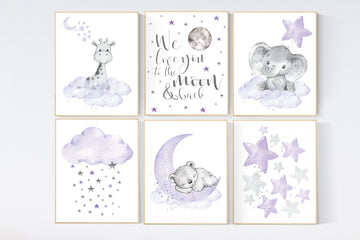 Nursery decor girl purple, girl nursery wall art, elephant, giraffe, bear, nursery prints animals, baby room decor, lavender, lilac