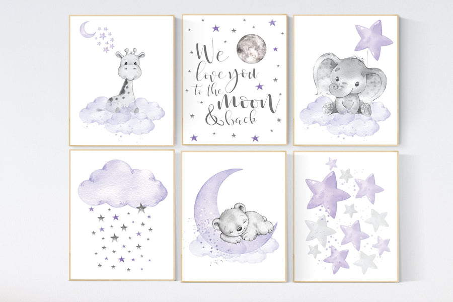 Nursery decor girl purple, girl nursery wall art, elephant, giraffe, bear, nursery prints animals, baby room decor, lavender, lilac