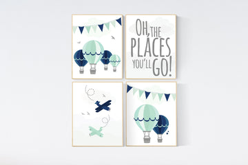 Mint navy nursery wall art, hot air balloon Nursery, mint and navy, gender neutral, baby room wall art, gender neutral, mint green, boy