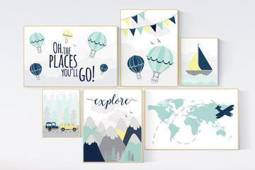 Adventure awaits nursery, Mountain art print set, navy mint yellow, Adventure nursery, mountain, airplane, world map, hot air balloon