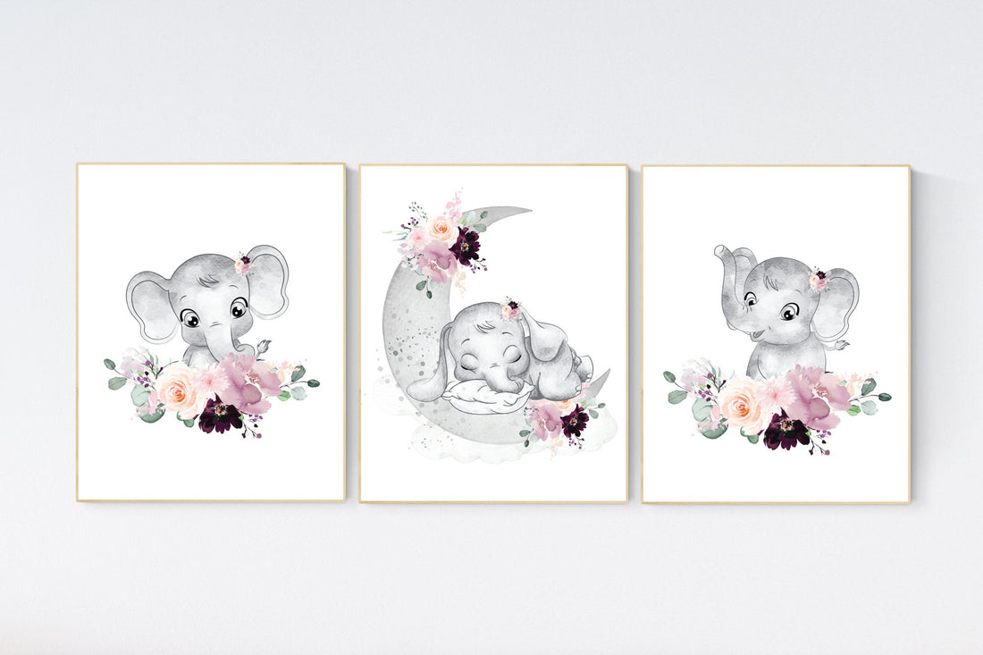 Elephant nursery, mauve, Burgundy, floral nursery, flower nursery, butterfly, nursery prints girl, nursery wall decor girl, flower nursery