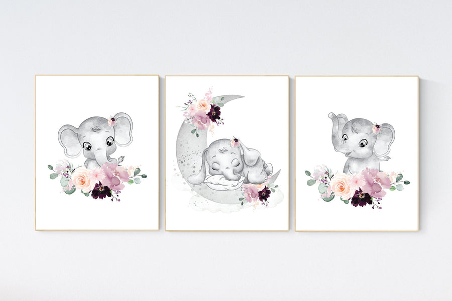 Elephant nursery, mauve, Burgundy, floral nursery, flower nursery, butterfly, nursery prints girl, nursery wall decor girl, flower nursery