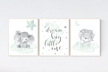 Nursery decor elephant, lion nursery, animal nursery prints, mint nursery, baby room wall decor, woodland animal prints, mint green
