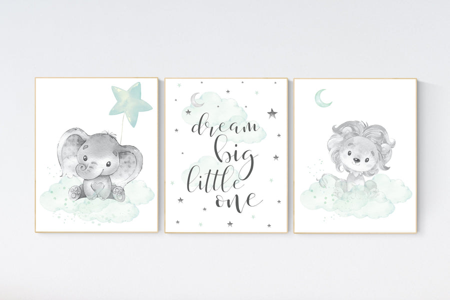 Nursery decor elephant, lion nursery, animal nursery prints, mint nursery, baby room wall decor, woodland animal prints, mint green