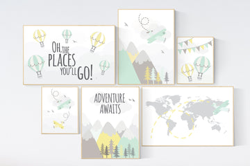 Adventure nursery decor, nursery decor airplane, world map nursery, adventure awaits, yellow mint nursery, travel theme, gender neutral