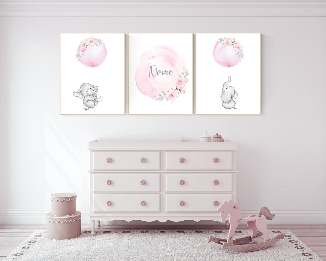 Nursery prints girl, elephant nursery, pink nursery, floral nursery, girl nursery decor flower, name, balloon nursery, baby girl room decor