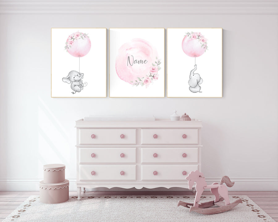 Nursery prints girl, elephant nursery, pink nursery, floral nursery, girl nursery decor flower, name, balloon nursery, baby girl room decor