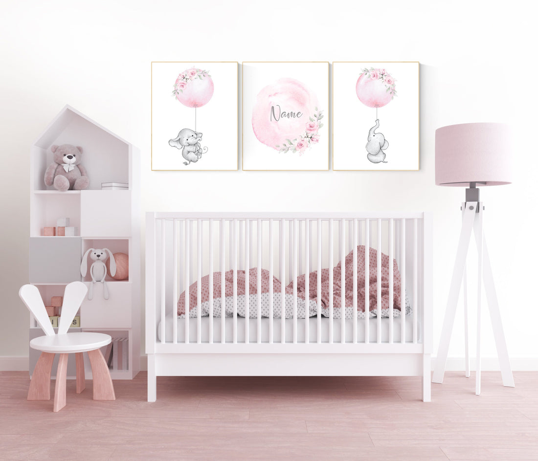 Nursery prints girl, elephant nursery, pink nursery, floral nursery, girl nursery decor flower, name, balloon nursery, baby girl room decor