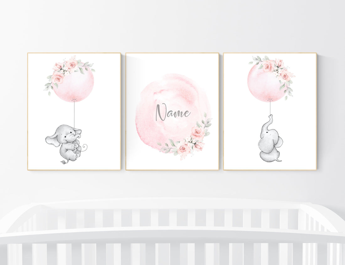 Elephant nursery, Nursery decor girl flower, blush nursery, blush pink, floral nursery, girl nursery name, nursery decor ideas, animal