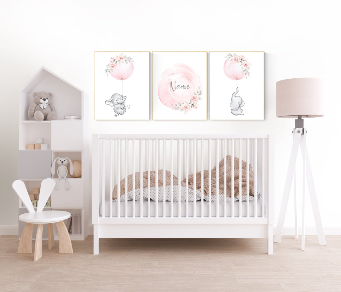 Elephant nursery, Nursery decor girl flower, blush nursery, blush pink, floral nursery, girl nursery name, nursery decor ideas, animal