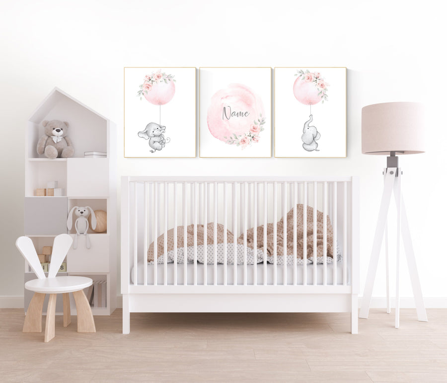 Elephant nursery, Nursery decor girl flower, blush nursery, blush pink, floral nursery, girl nursery name, nursery decor ideas, animal