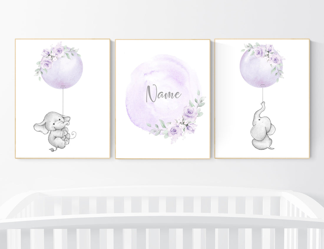 Girl nursery decor lavender, elephant nursery, name nursery girl, purple nursery decor, girl nursery decor flower, floral nursery