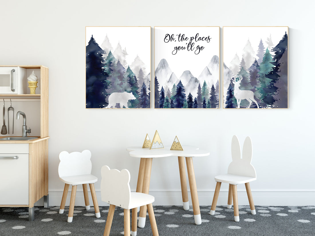 Woodland nursery decor, mountain wall art, tree nursery decor, adventure theme nursery, forest, navy and teal, woodland animals, woodland