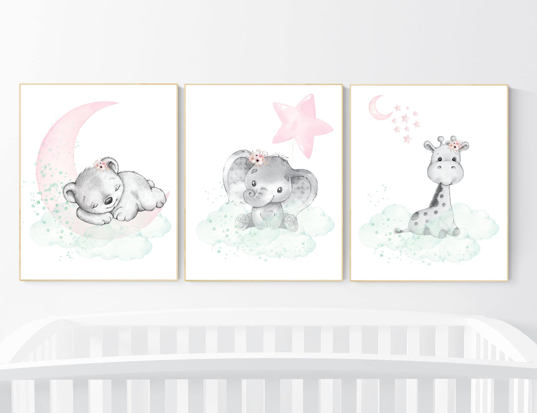 Nursery decor girl pink mint, Nursery wall art girl elephant, pink and mint, moon, stars, nursery prints, baby room decor, girl nursery