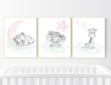 Nursery decor girl pink mint, Nursery wall art girl elephant, pink and mint, moon, stars, nursery prints, baby room decor, girl nursery