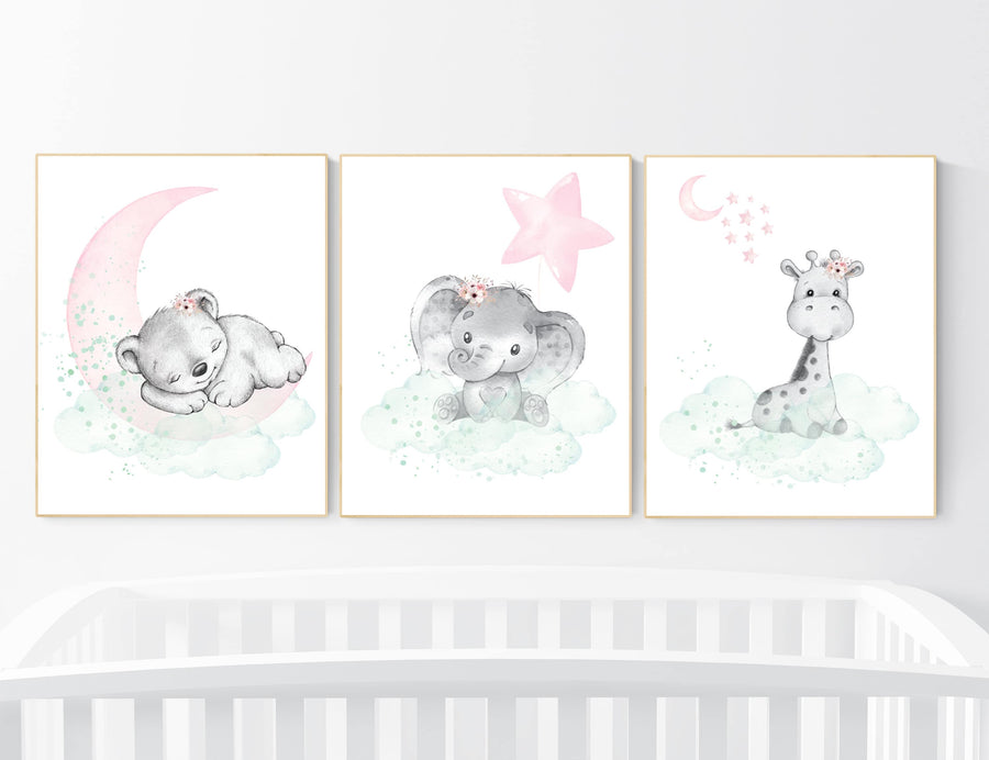 Nursery decor girl pink mint, Nursery wall art girl elephant, pink and mint, moon, stars, nursery prints, baby room decor, girl nursery