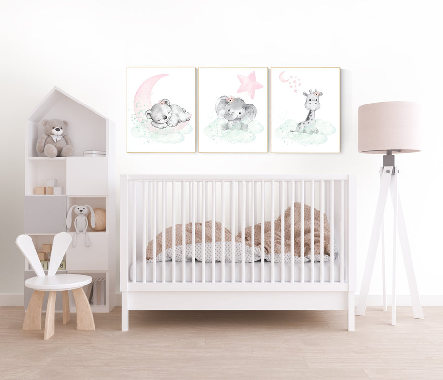 Nursery decor girl pink mint, Nursery wall art girl elephant, pink and mint, moon, stars, nursery prints, baby room decor, girl nursery