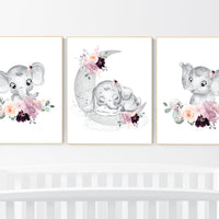 Elephant nursery, mauve, Burgundy, floral nursery, flower nursery, butterfly, nursery prints girl, nursery wall decor girl, flower nursery