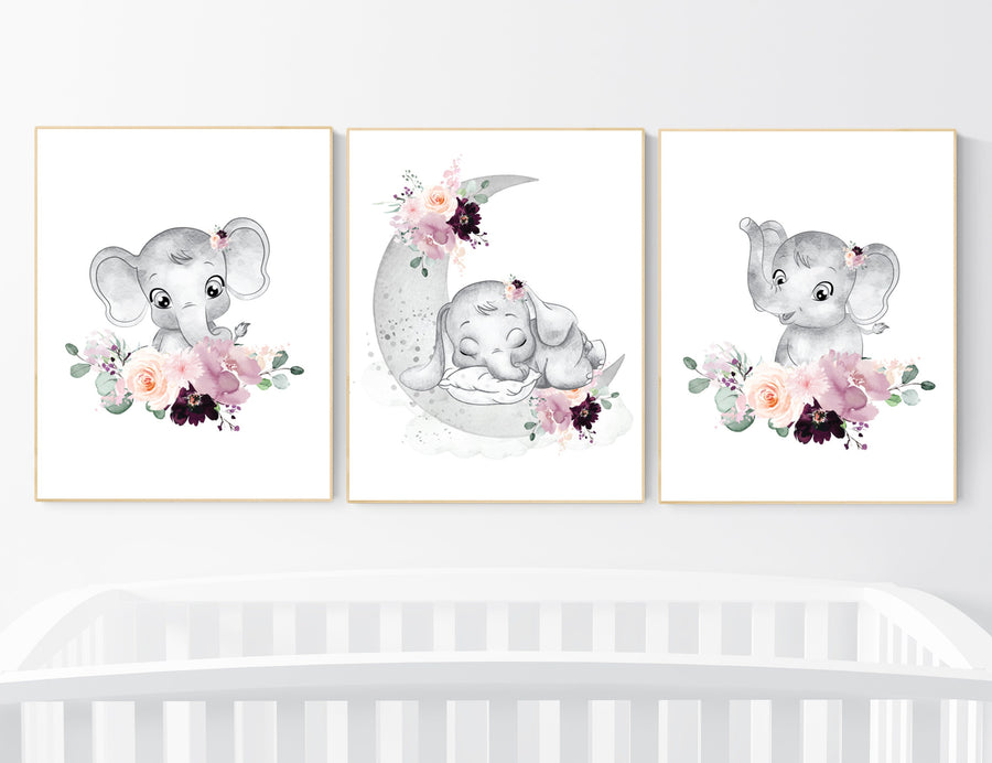 Elephant nursery, mauve, Burgundy, floral nursery, flower nursery, butterfly, nursery prints girl, nursery wall decor girl, flower nursery
