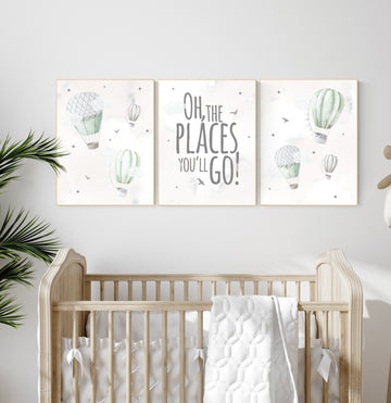Nursery decor gender neutral, sage green, hot air balloon, green nursery, baby room decor, nursery prints, travel theme nursery, adventure