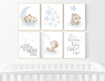 Nursery decor boy bear, grey blue, boys nursery prints, nursery decor boy ideas, blue beige, baby blue, dream big little one, set of 6