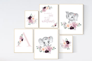 Nursery decor girl elephant, mauve, Burgundy, floral nursery, flower nursery, butterfly, in a field of roses she is a wildflower