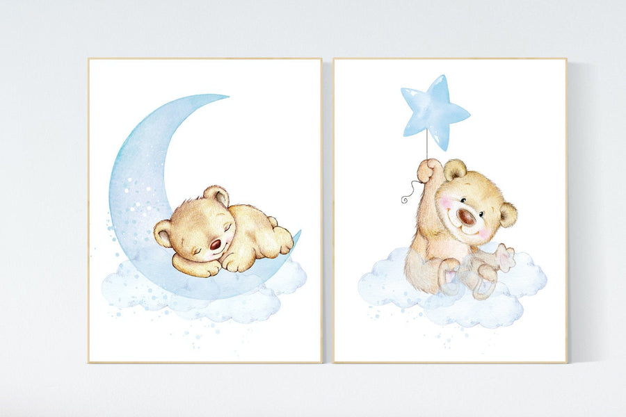 Nursery wall art bear, nursery decor animals, nursery decor woodland, nursery prints blue, teddy bear, baby blue, baby bear nursery