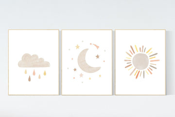 Nursery decor gender neutral, sunshine, neutral Wall Art, cloud Print Set, Cloud and Sun, nursery wall decor, set of 3, neutral colors