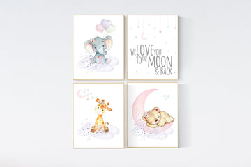 Nursery wall art girl elephant, giraffe, sheep, bunny, pink, mint, purple, cloud and stars, baby room art, girl nursery prints