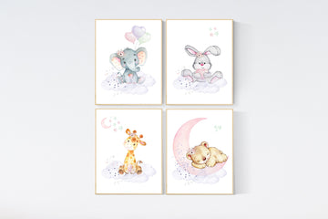 Animal nursery, jungle animals, elephant, giraffe, bear, bunny, nursery decor animals, Nursery wall art girl, girls room decor, woodland