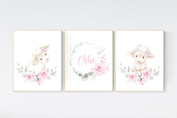 Sheep nursery decor, Nursery decor girl pink, nursery decor lambs, nursery wall art sheep, flower nursery wall art nursery, girl nursery