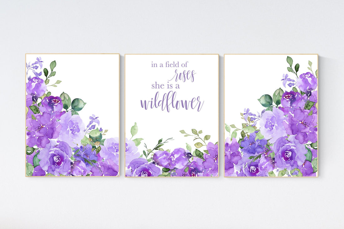 Nursery decor girl purple, floral nursery, flower nursery, purple nursery, lavender, In a field of roses she is a wildflower, floral nursery