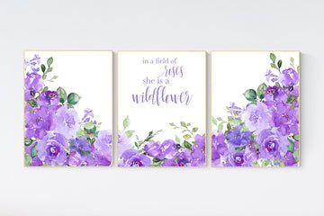 Nursery decor girl purple, floral nursery, flower nursery, purple nursery, lavender, In a field of roses she is a wildflower, floral nursery