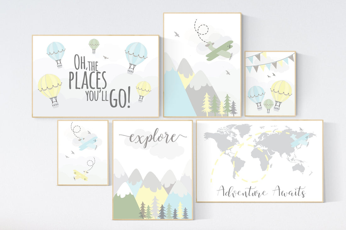 Adventure nursery decor, nursery decor airplane, world map, adventure awaits, yellow blue green nursery, travel theme, gender neutral
