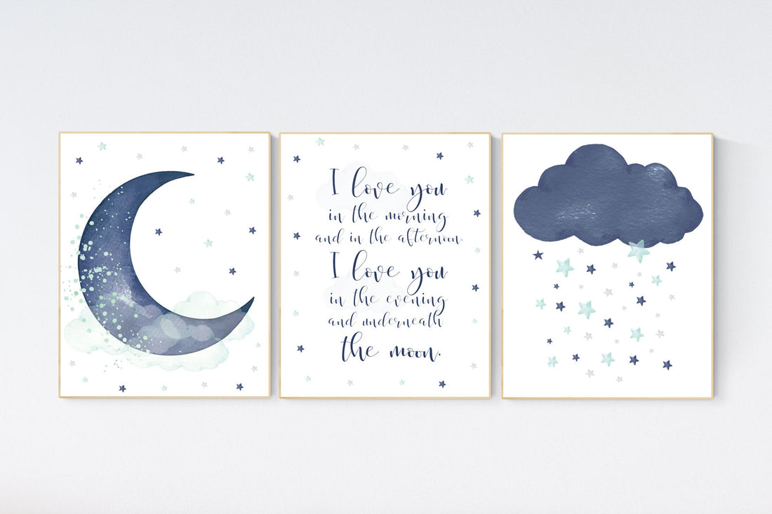 Navy mint nursery decor, cloud and stars, moon and stars, navy teal nursery art. baby room wall art, boy nursery decor, set of 3, navy aqua