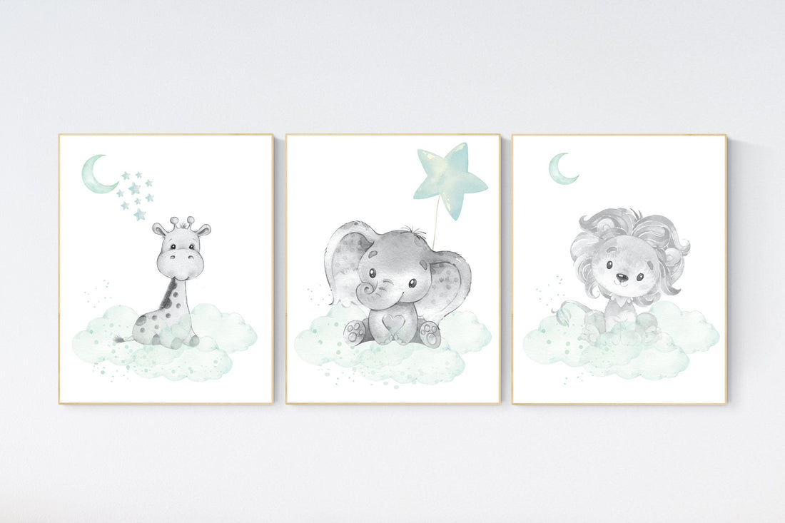 Nursery decor elephant, lion nursery, animal nursery prints, mint nursery, baby room wall decor, woodland animal prints, mint green, giraffe