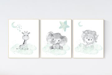 Nursery decor elephant, lion nursery, animal nursery prints, mint nursery, baby room wall decor, woodland animal prints, mint green, giraffe